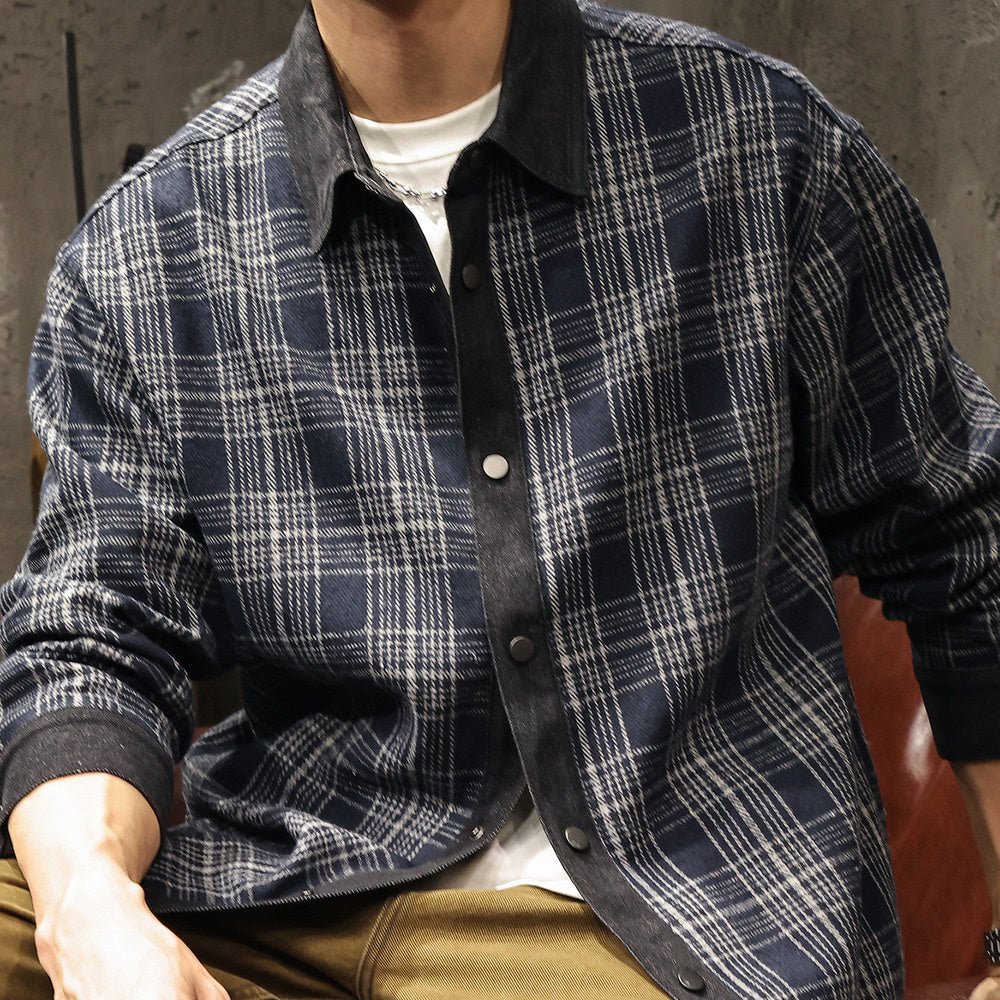 牛仔拼接格子羊毛襯衫外套男2024新款秋冬季美式復古男裝寸衣夾克