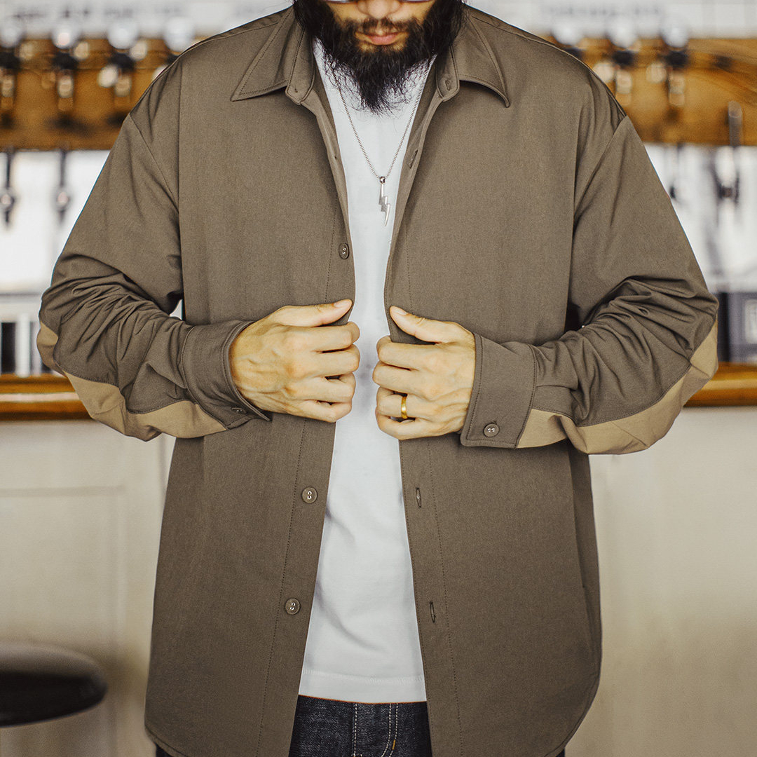 美式復古獵裝襯衫外套肘部拼接翻領正肩長袖薄款襯衣男春