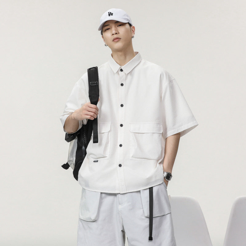 高級感短袖襯衫男夏季新款輕奢潮牌美式工裝寸襯衣男寬松半袖