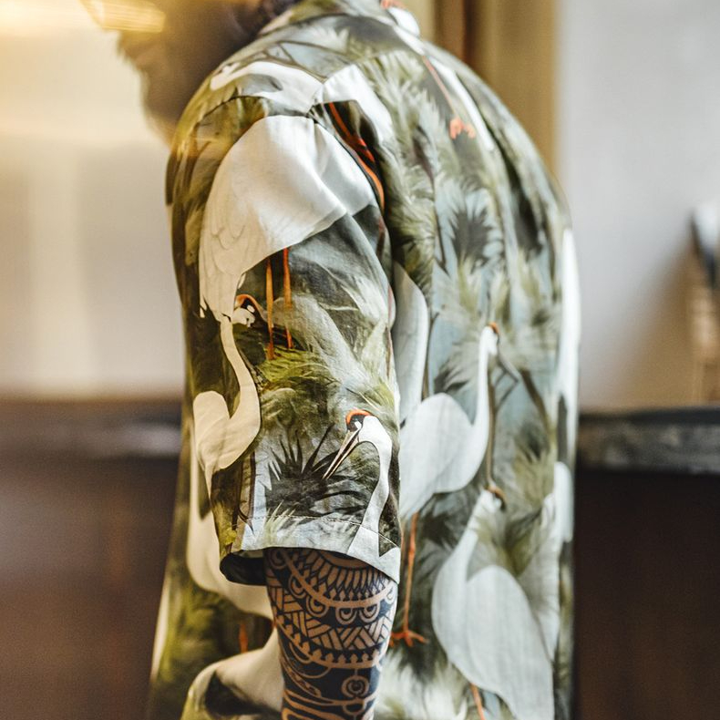 復古港風仙鶴花襯衫古巴領浮世繪天絲夏威夷短袖襯衣男夏