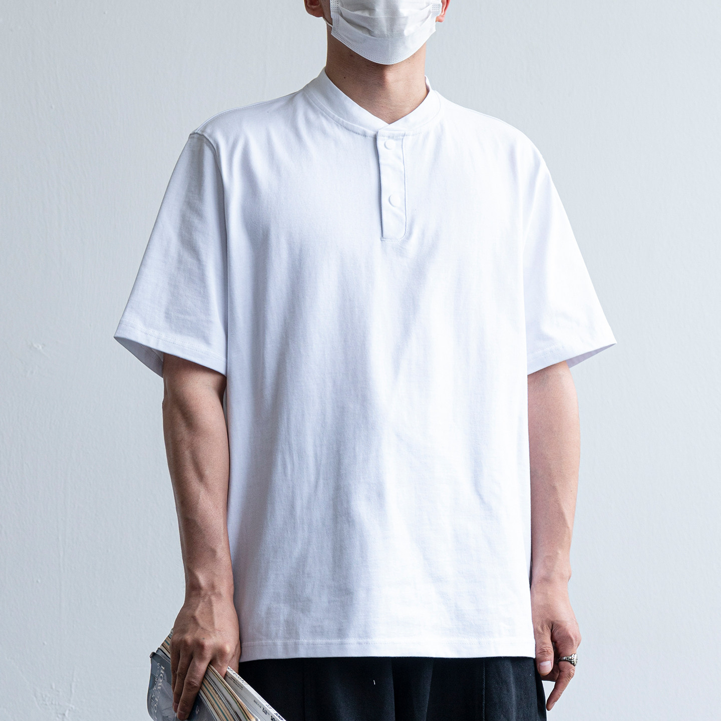 日系簡約復古亨利領純棉短袖T恤男夏季老錢風重磅情侶半袖上衣tee