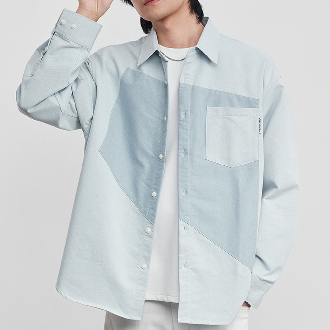 幾何雙拼色襯衫男春秋季新款潮韓版設計感小衆廓形寬鬆上衣潮