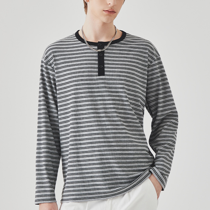 撞色條紋長袖男T恤春季新款潮牌寬鬆圓領內搭上衣打底衫