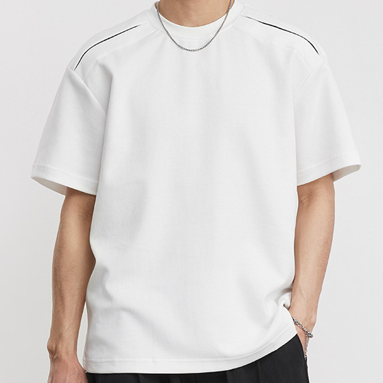 重磅270g拼接明線裝飾T恤男夏季圓領格紋微闊潮流通勤短袖