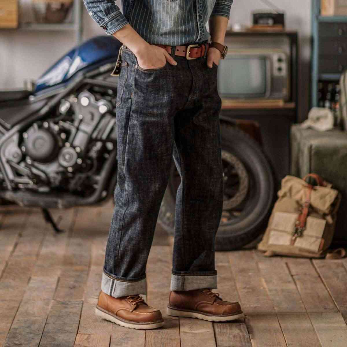 阿美咔叽丹寧復古赤耳脫漿牛仔褲 美式直筒寬松原牛色長褲