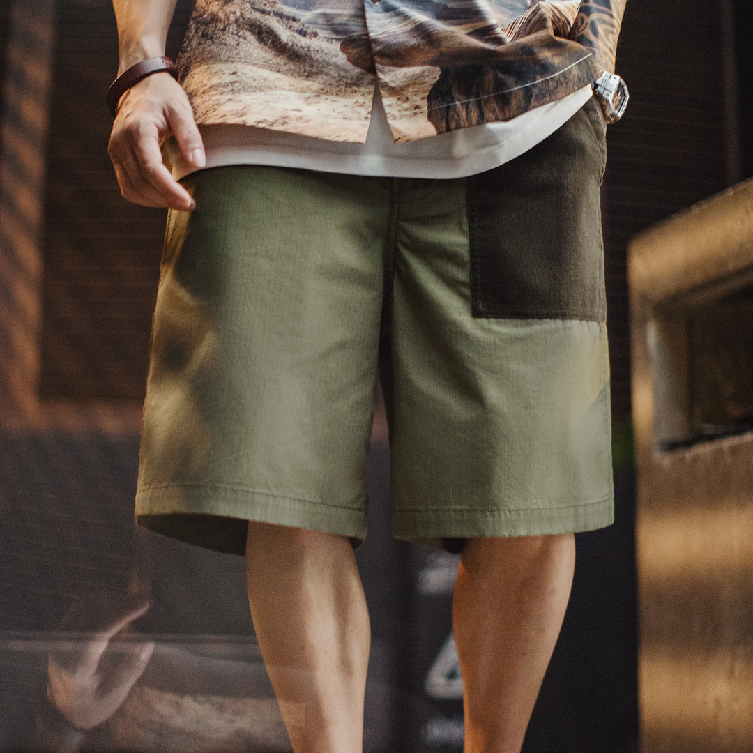 美式復古拼色伐木短褲大口袋軍綠色直筒og107五分褲男夏