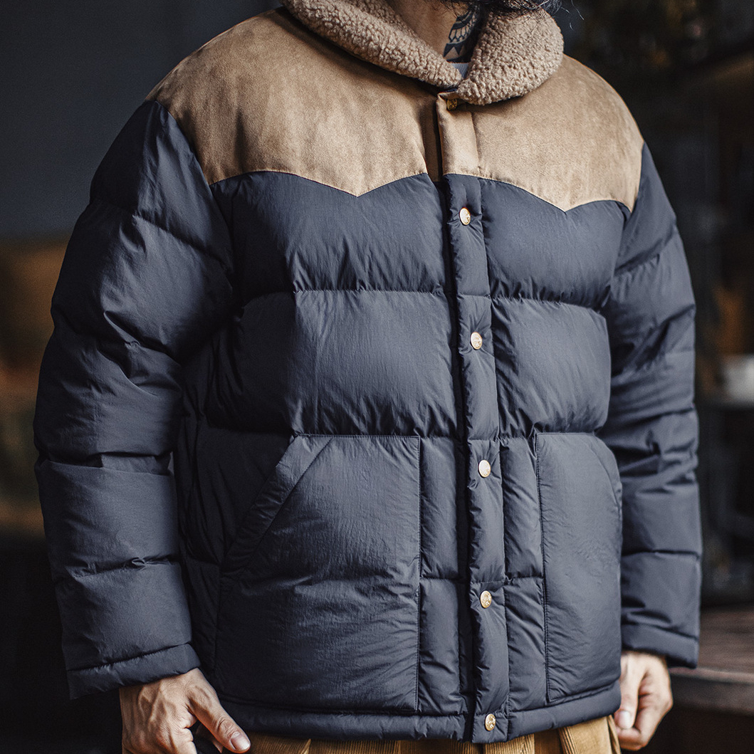 美式復古撞色絨領90白鴨絨羽絨服翻領保暖夾克外套男秋冬