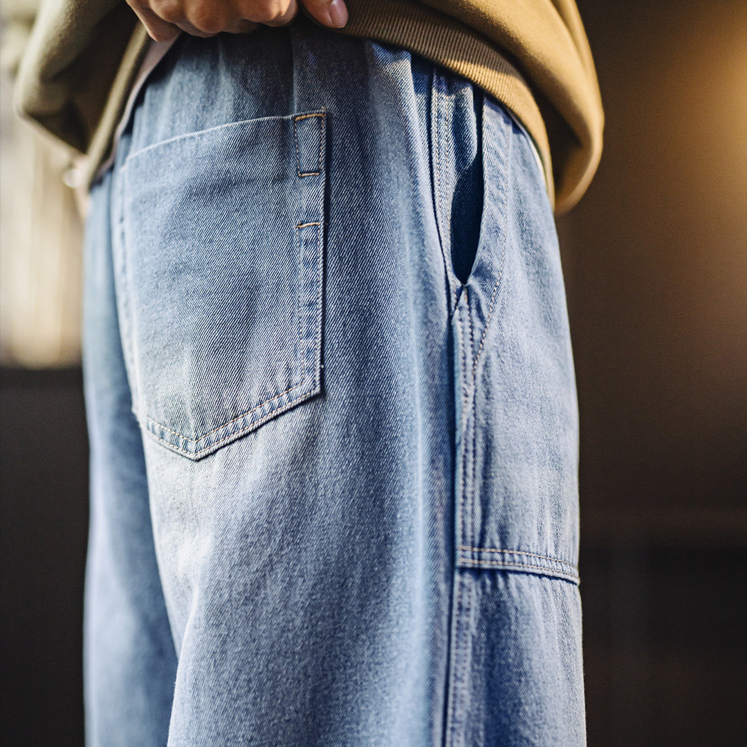 美式貝克水洗牛仔褲丹寧闊腿抽繩直筒休閒長褲子薄款男春