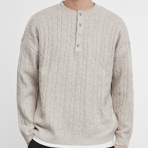 織閒男裝亨利領麻花針織毛衣秋冬復古寬鬆保暖套頭毛衫