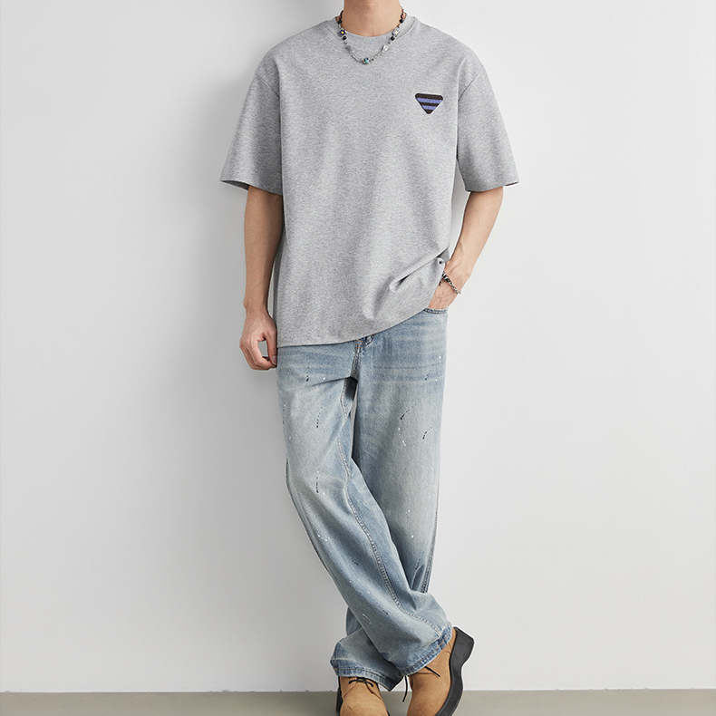 輕熟風三角貼標T恤男夏季重磅220g棉紡圓領寬鬆舒適透氣短袖