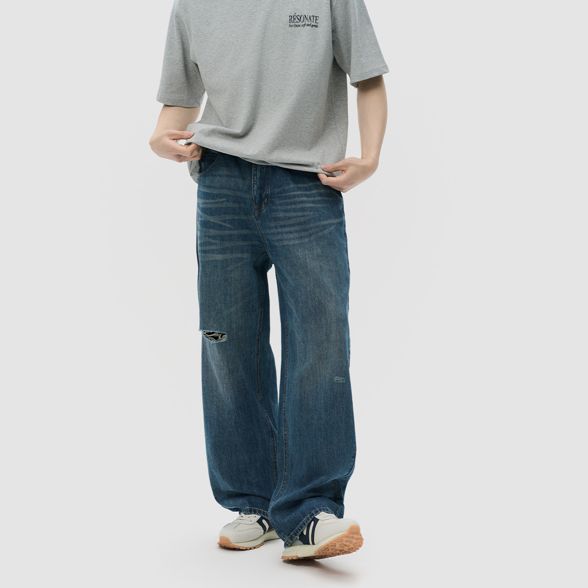 美式高街破洞水洗牛仔褲男高級感潮牌痞帥寬鬆直筒長褲子