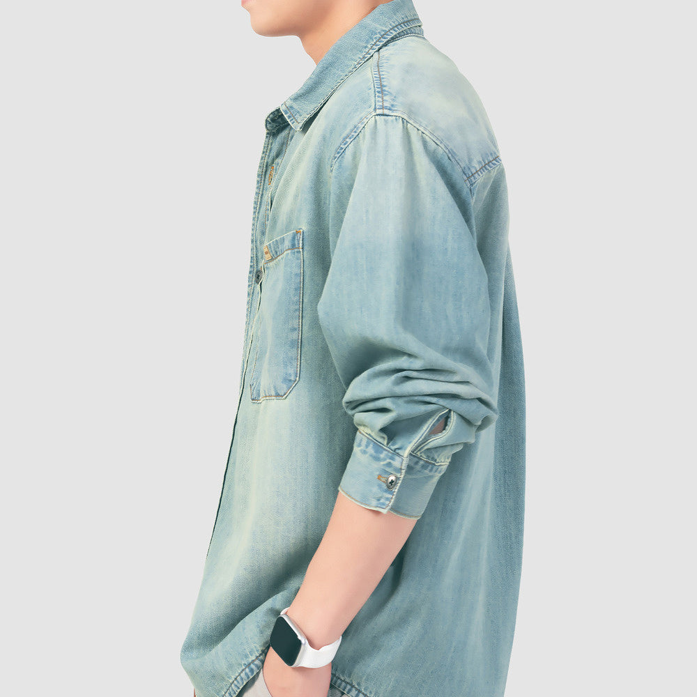 萊賽爾天絲竹節工裝牛仔襯衫男春季水洗寬松長袖襯衣