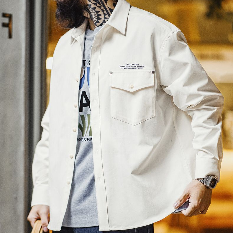 美式休閒人字紋廓形長袖襯衫印花疊穿翻領白色襯衣男秋冬