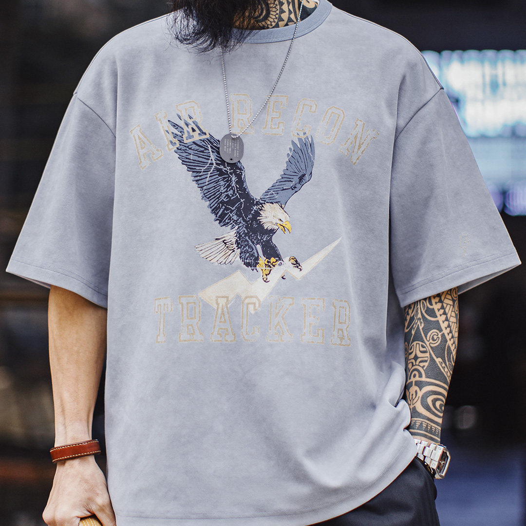 美式復古印花做舊仿蠟染圓領藍色落肩針織短袖T恤男士夏