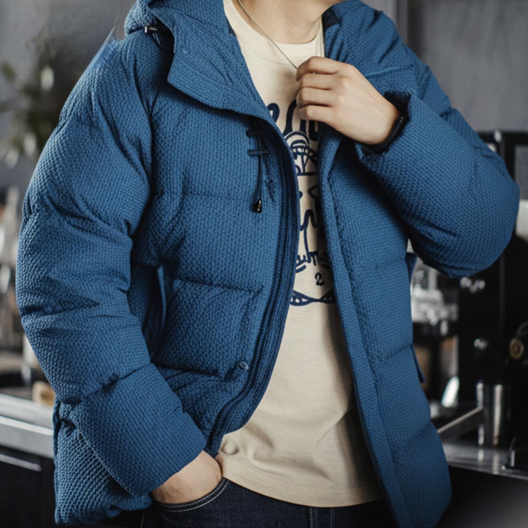 美式泡泡紗羽絨服90白鴨絨高蓬鬆度肌理感連帽外套男秋冬