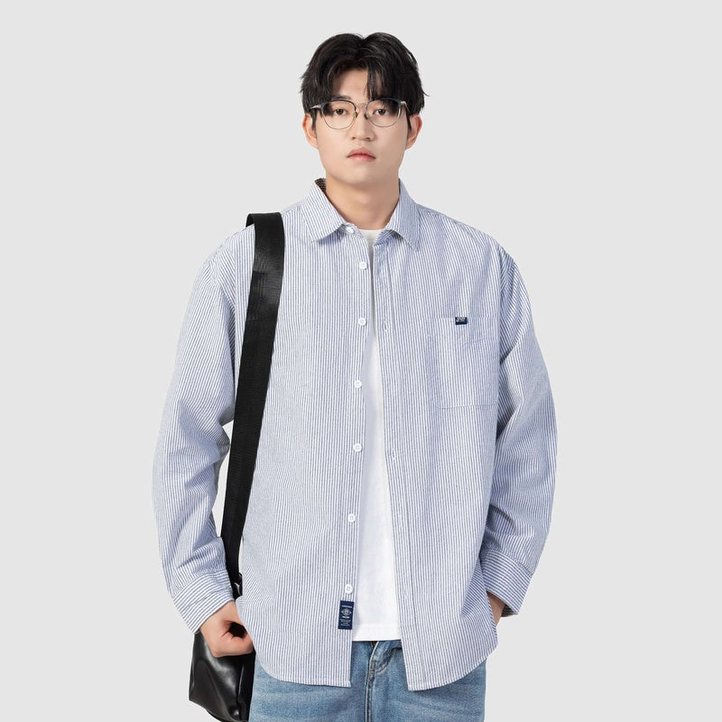 cityboy條紋長袖襯衫男春季休閑學院風工裝襯衣