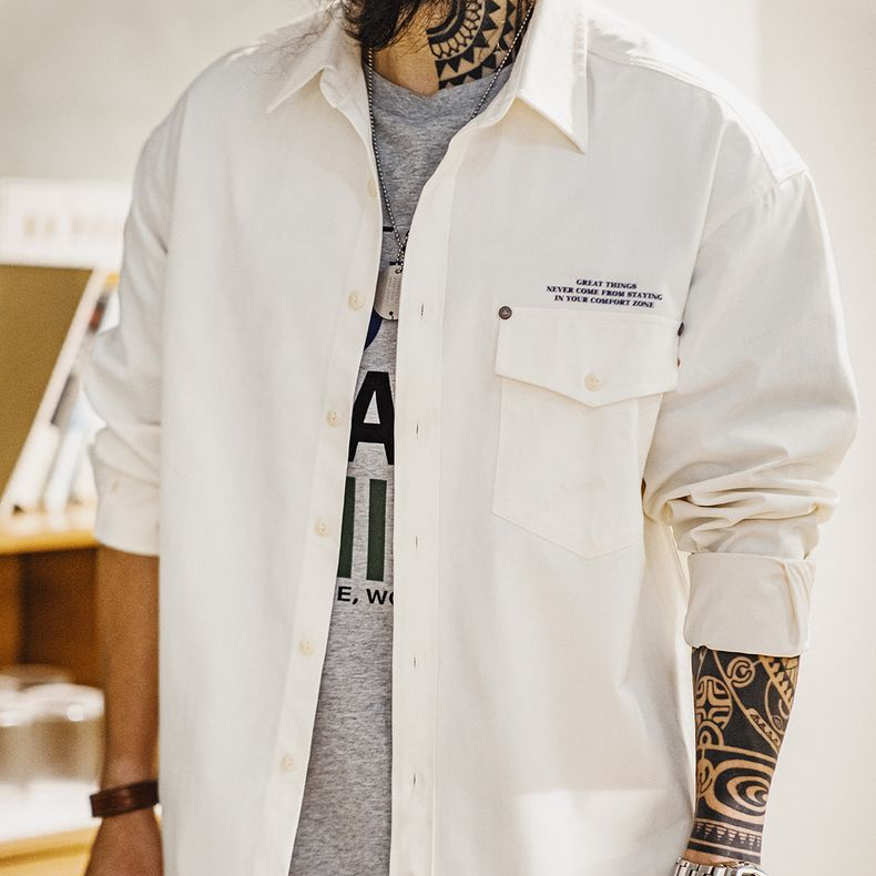 美式休閒人字紋廓形長袖襯衫印花疊穿翻領白色襯衣男秋冬