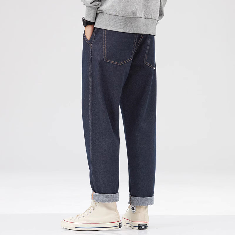 春秋款深藍色牛仔褲男士春季潮牌復古美式寬松直筒長褲