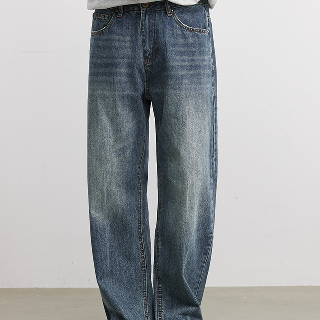 藍色直筒牛仔褲石磨水洗竹節紋長褲男士春季新款寬鬆顯瘦褲子