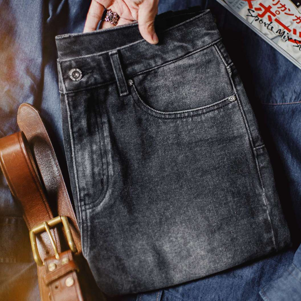 美式休閒水洗做舊牛仔褲灰色直筒微錐蘿蔔褲長褲子男夏秋