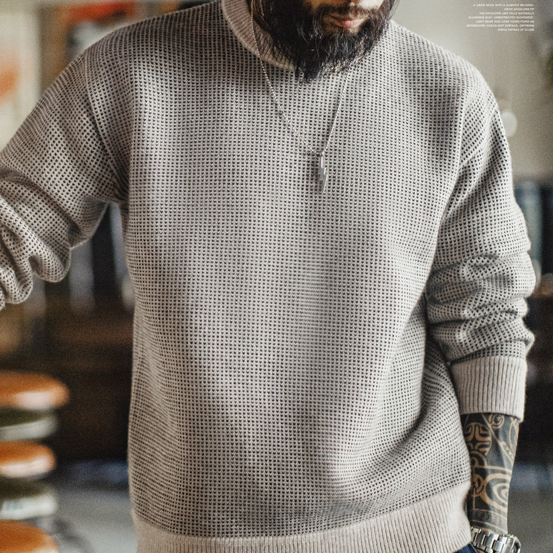 美式老錢風灰色圓領毛衣套頭寬鬆垂感針織衫保暖外套男春