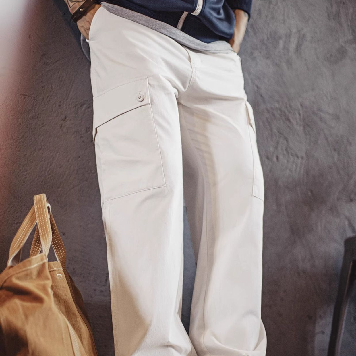 輕美式大口袋休閒褲純棉白色直筒鬆緊腰薄款長褲子男夏秋