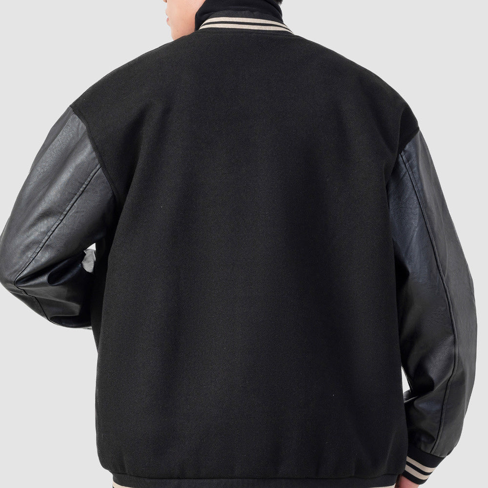 美式拼接pu皮棒球服外套男士春秋季情侶刺繡休閑夾克