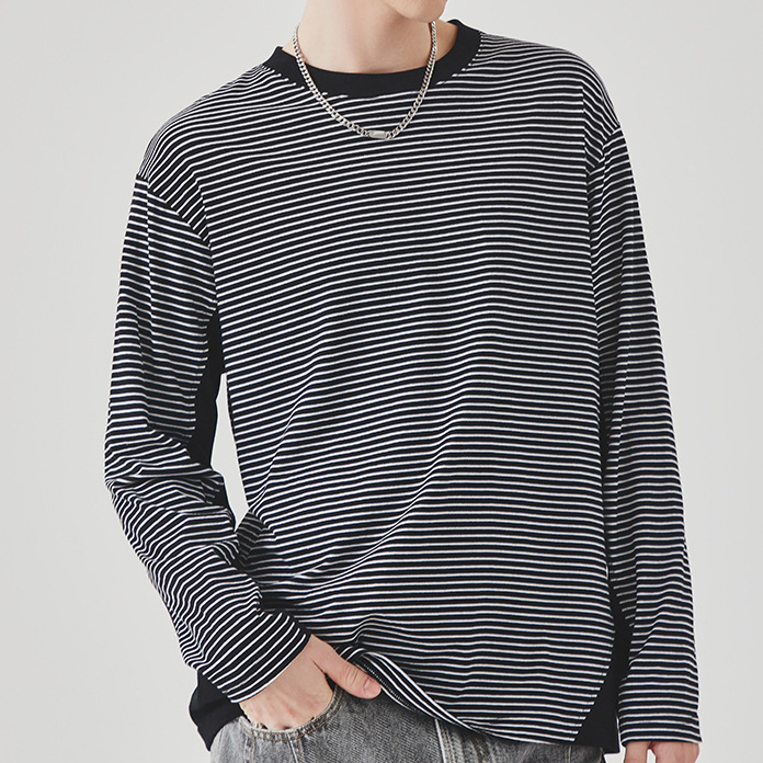 撞色條紋長袖T恤男士春秋季潮牌寬鬆圓領內搭上衣打底衫