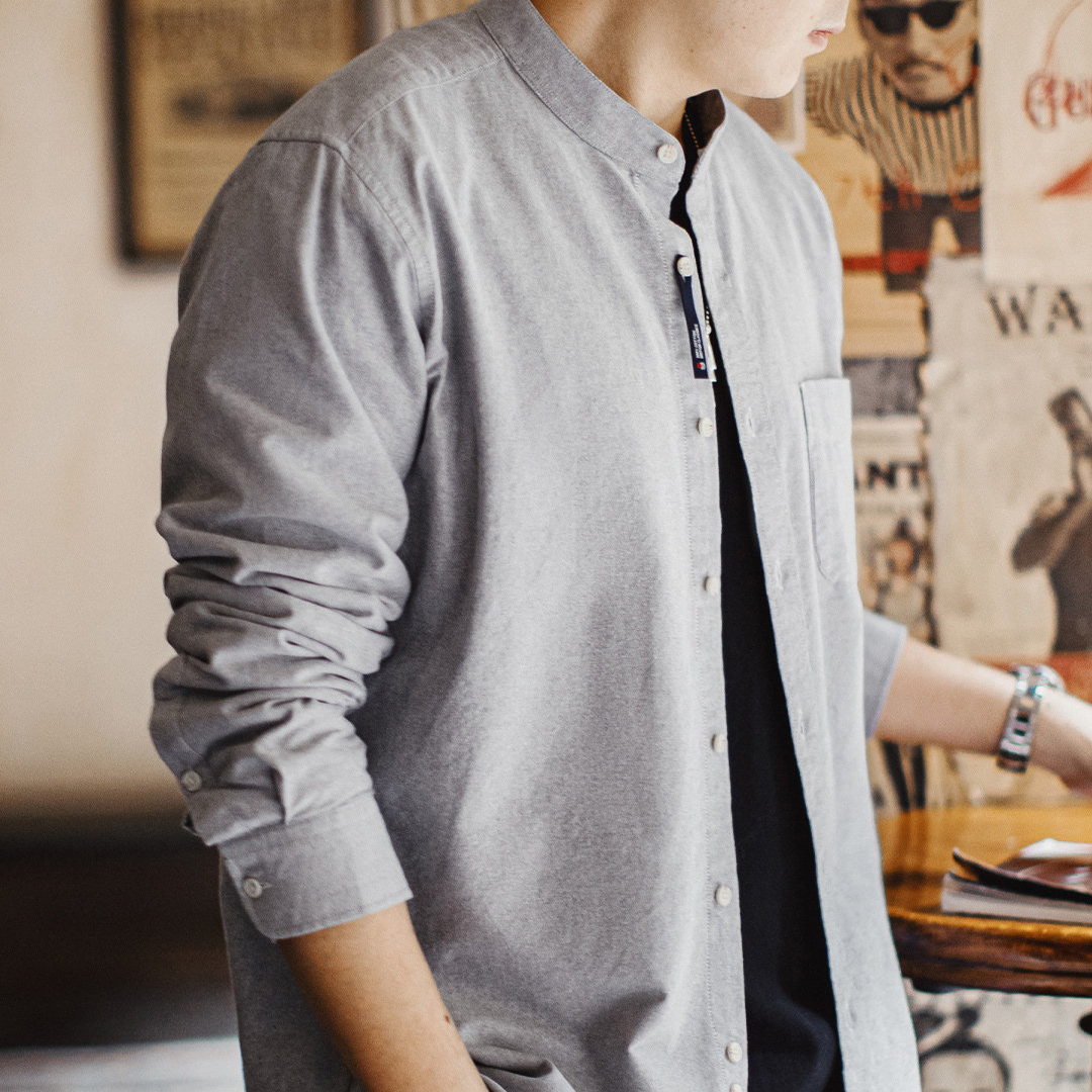 美式牛津布長袖襯衫小高領立領牛津紡純棉襯衣外套男款春