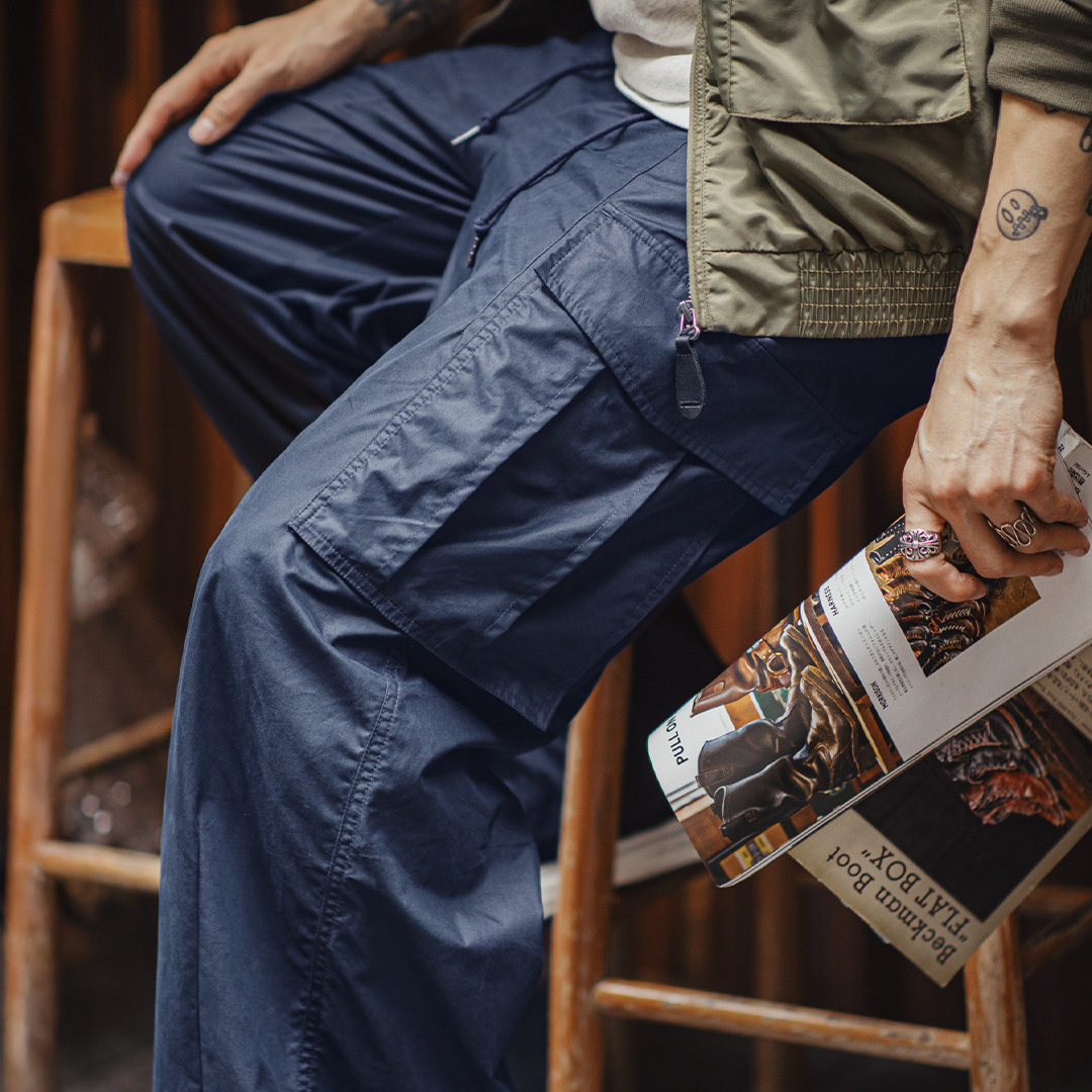 美式m65大口袋休閒褲日系cityboy藍色梭織束腳長褲子男秋