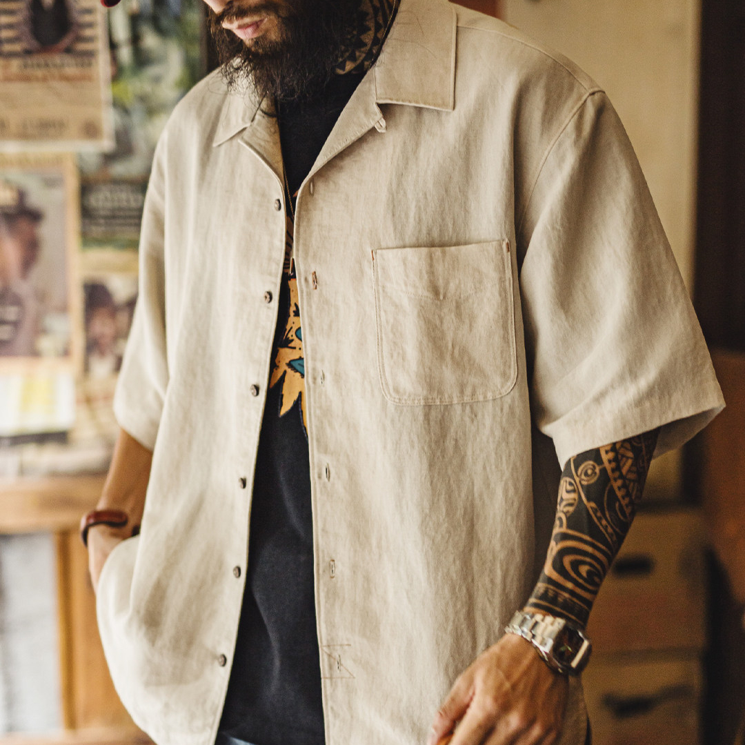 萊賽爾短袖襯衫天絲古巴領鬆弛感襯衣美式老錢風外套男夏