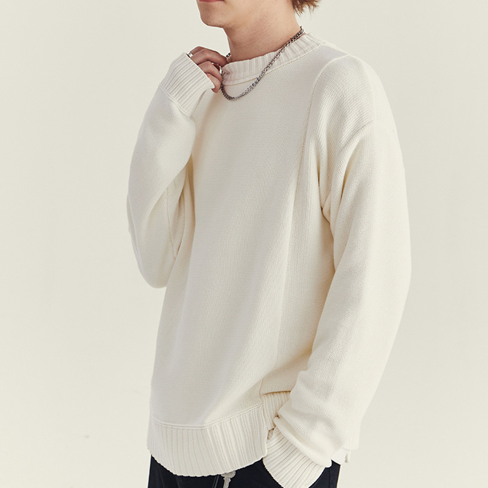 秋冬季圓領毛衣男士潮款韓版拼接寬鬆套頭針織衫長袖內搭