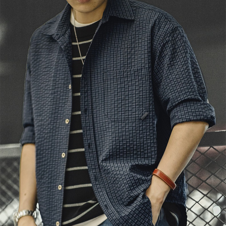 美式復古泡泡紗格子長袖襯衫肌理感翻領拼接襯衣外套男秋