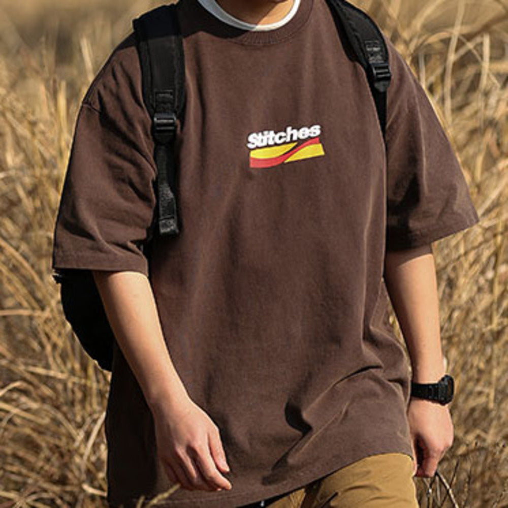 320g水洗發泡印花短袖男復古寬松休閑潮情侶T恤