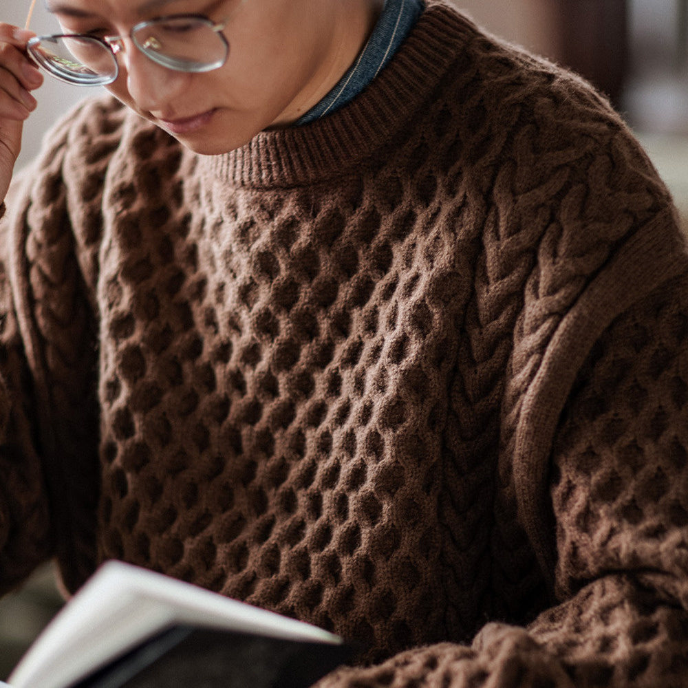 靛海阿美咔叽麻花寬松圓領針織衫男美式落肩套頭毛衣秋冬