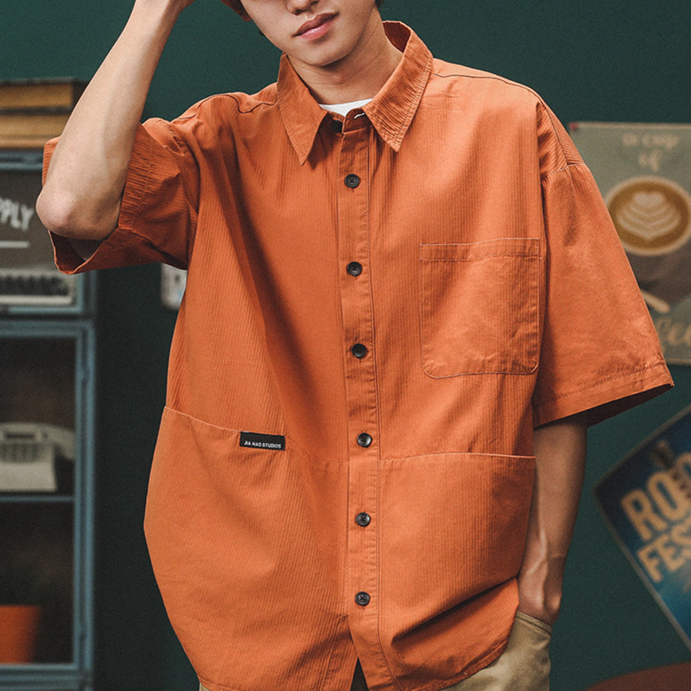 工裝短袖襯衫男寬松肌理感襯衣夏季美式高街潮牌上衣外套