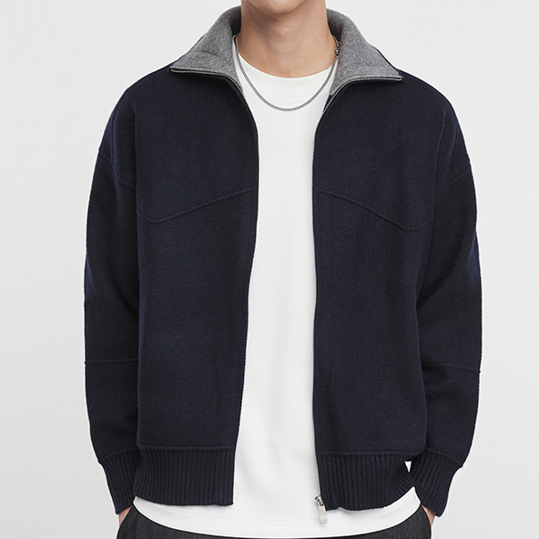 邃境秋冬簡約時尚拼色休閒輕奢針織衫痞帥翻領毛衣外套男