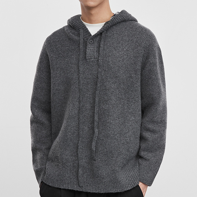 帽織男裝連帽紐釦針織毛衣秋冬寬鬆休閒套頭毛衫潮流上衣