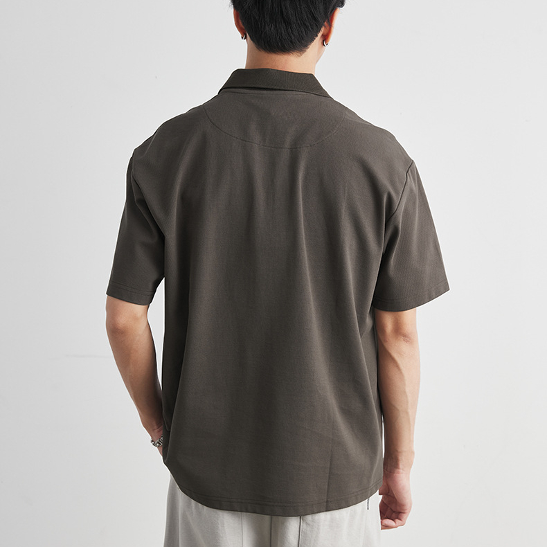 字母刺繡半拉鍊翻領Polo衫男夏季寬鬆落肩款復古休閒短袖T恤