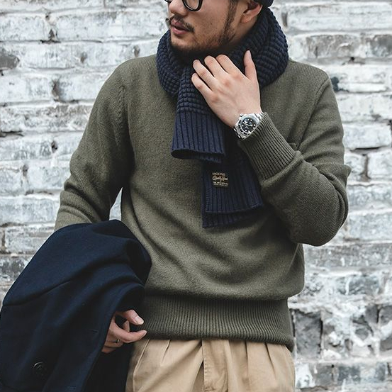 美式復古淺灰針織毛線圍巾秋冬含羊毛純色保暖圍脖男潮