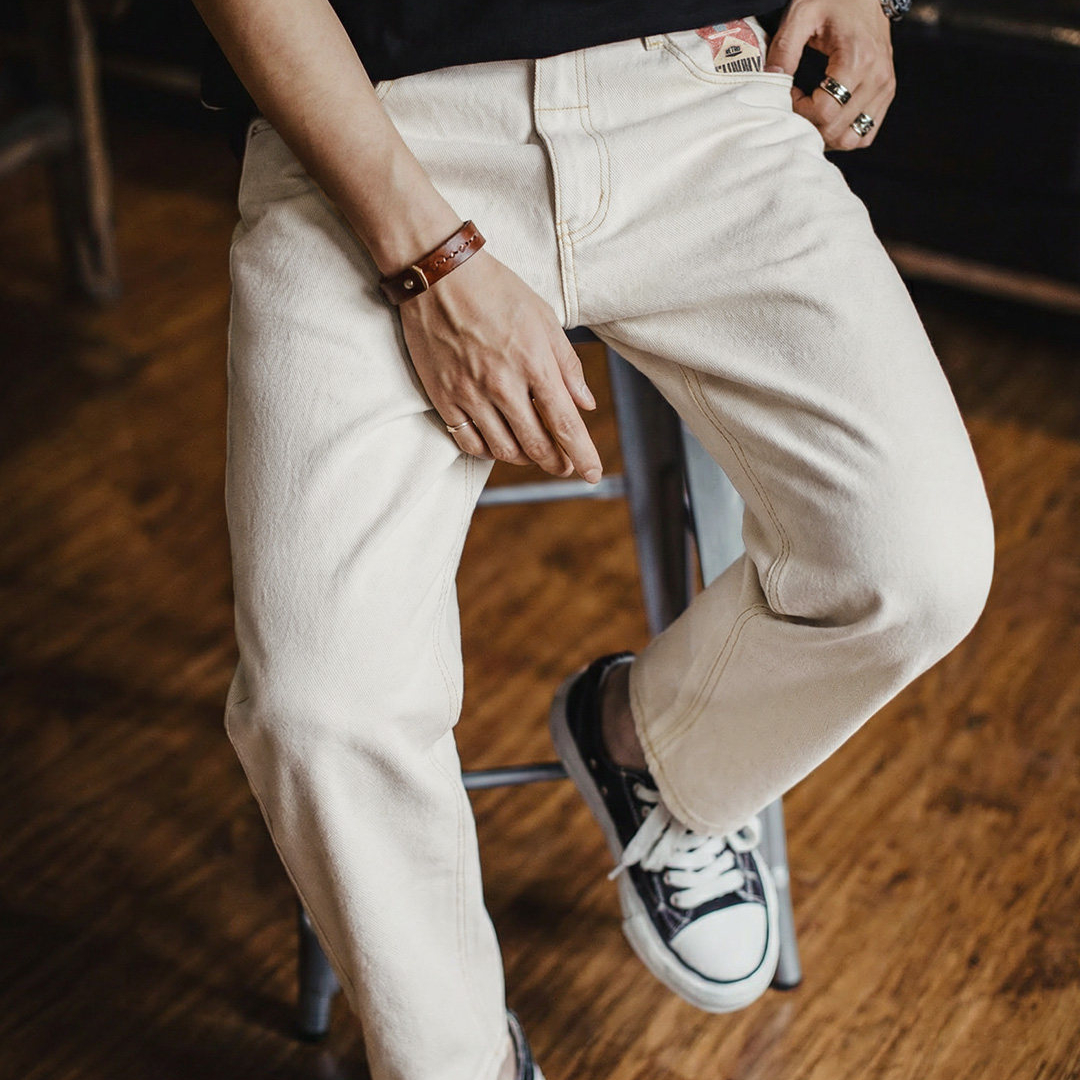 美式復古白色牛仔褲直筒cleanfit闊腿垂感寬鬆休閒褲男冬