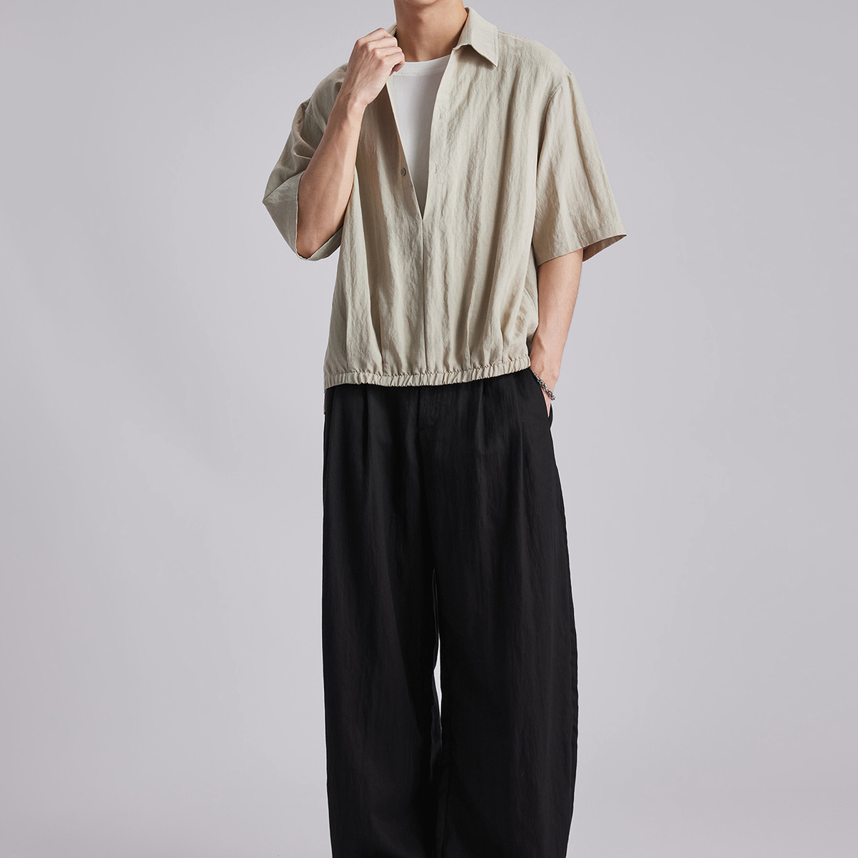 假兩件棉麻短袖襯衫男夏季寬鬆涼感透氣鬆弛感休閒百搭襯衣