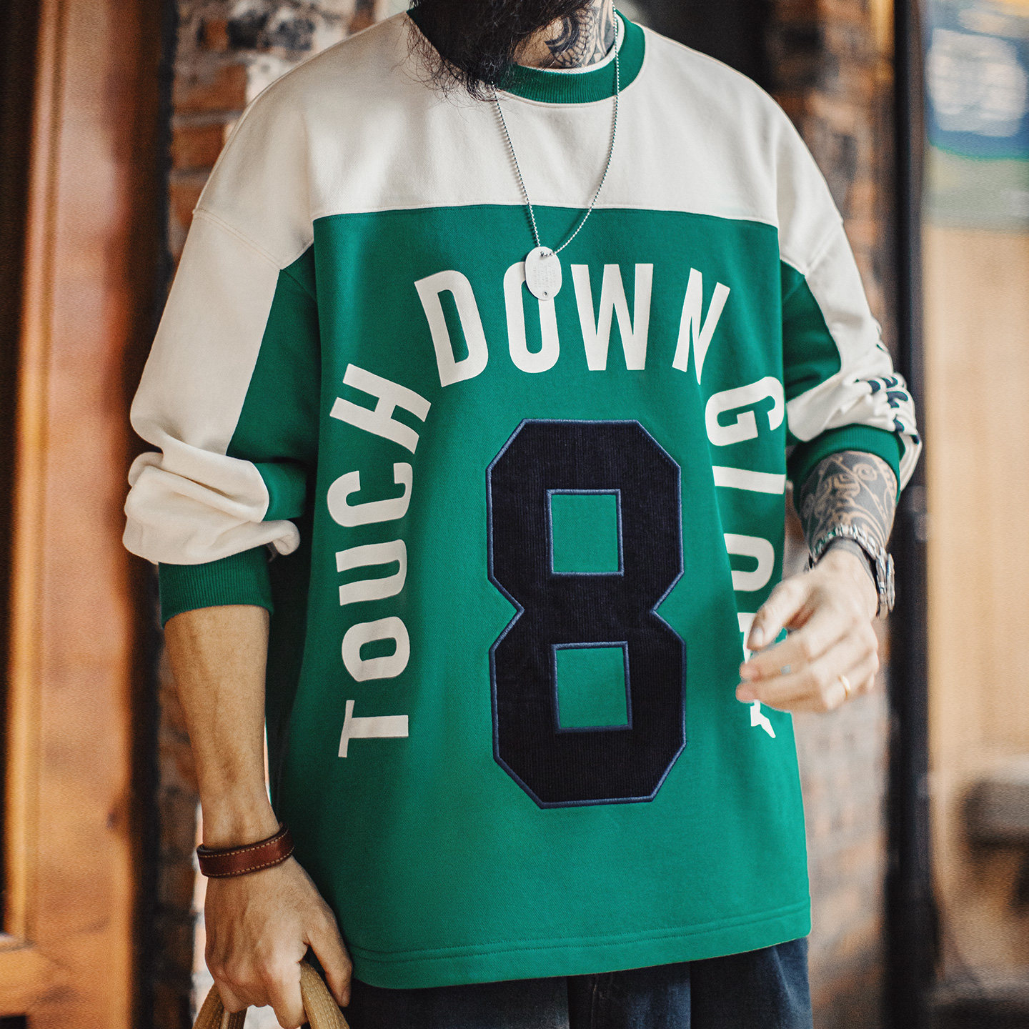 美式復古球衣風撞色長袖T恤數字圓領套頭衛衣外套男款春