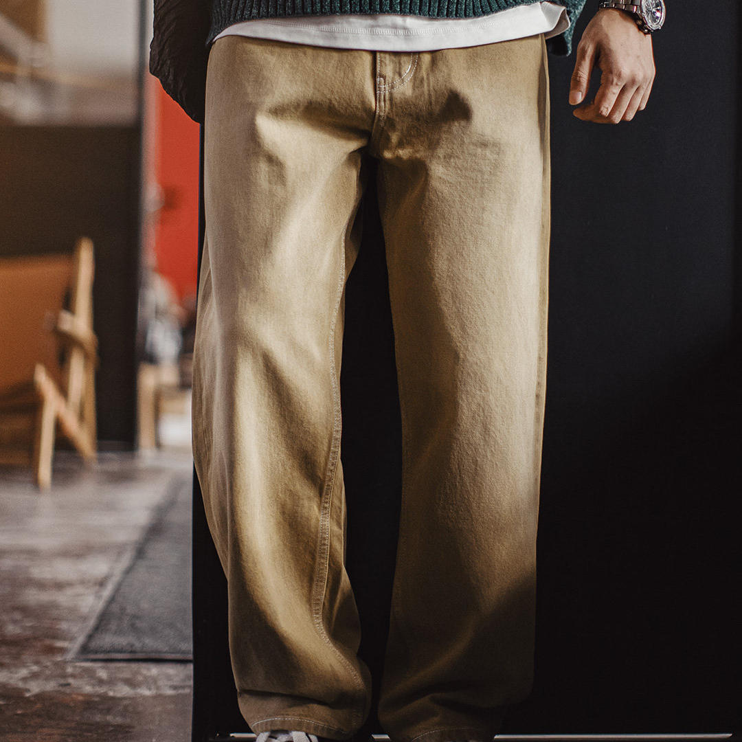 美式復古淺卡其色牛仔褲直筒水洗寬鬆闊腿休閒長褲子男春