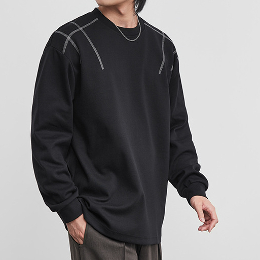 男士長袖T恤寬鬆微闊幾何設計打底衫春季圓領輯明線套頭上衣