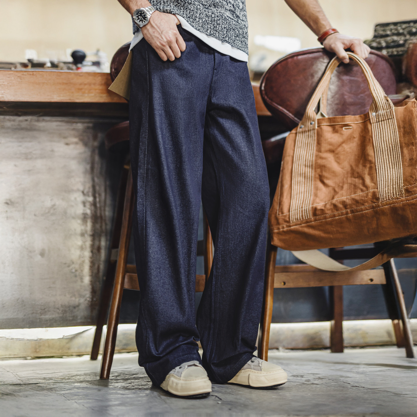 美式復古微喇闊腿直筒牛仔褲鬆弛垂感深藍色赤耳原牛男秋