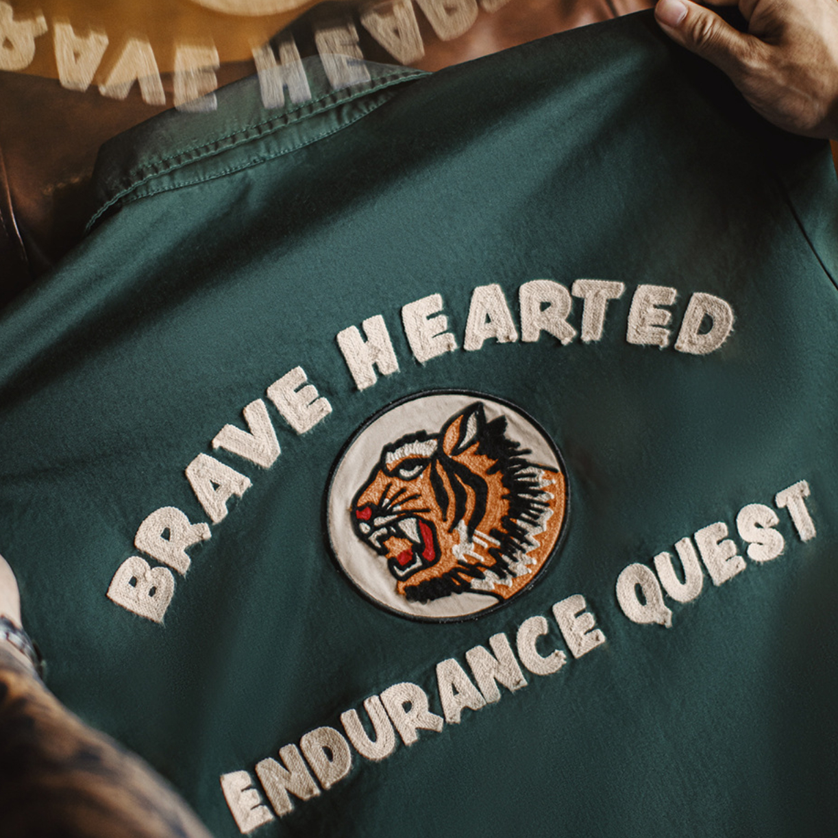 美式復古刺繡教練夾克翻領墨綠色純棉重磅長袖外套男秋