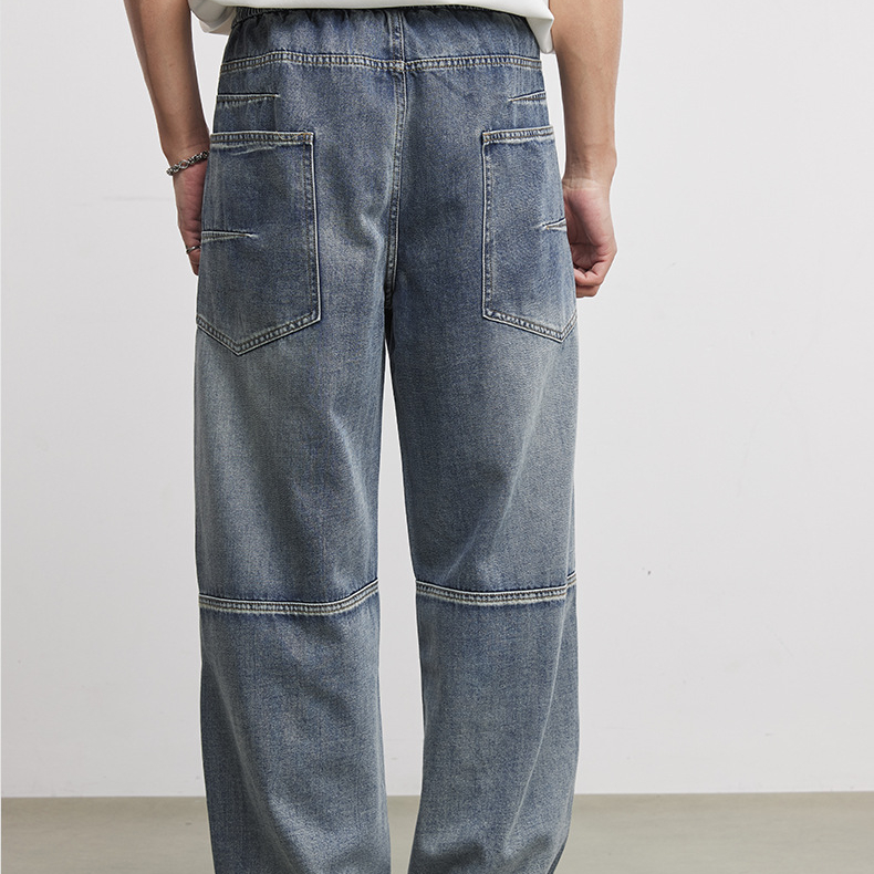 立體裁剪抽繩牛仔彎刀褲男2026年春季新款牛仔褲舒適傘兵長褲