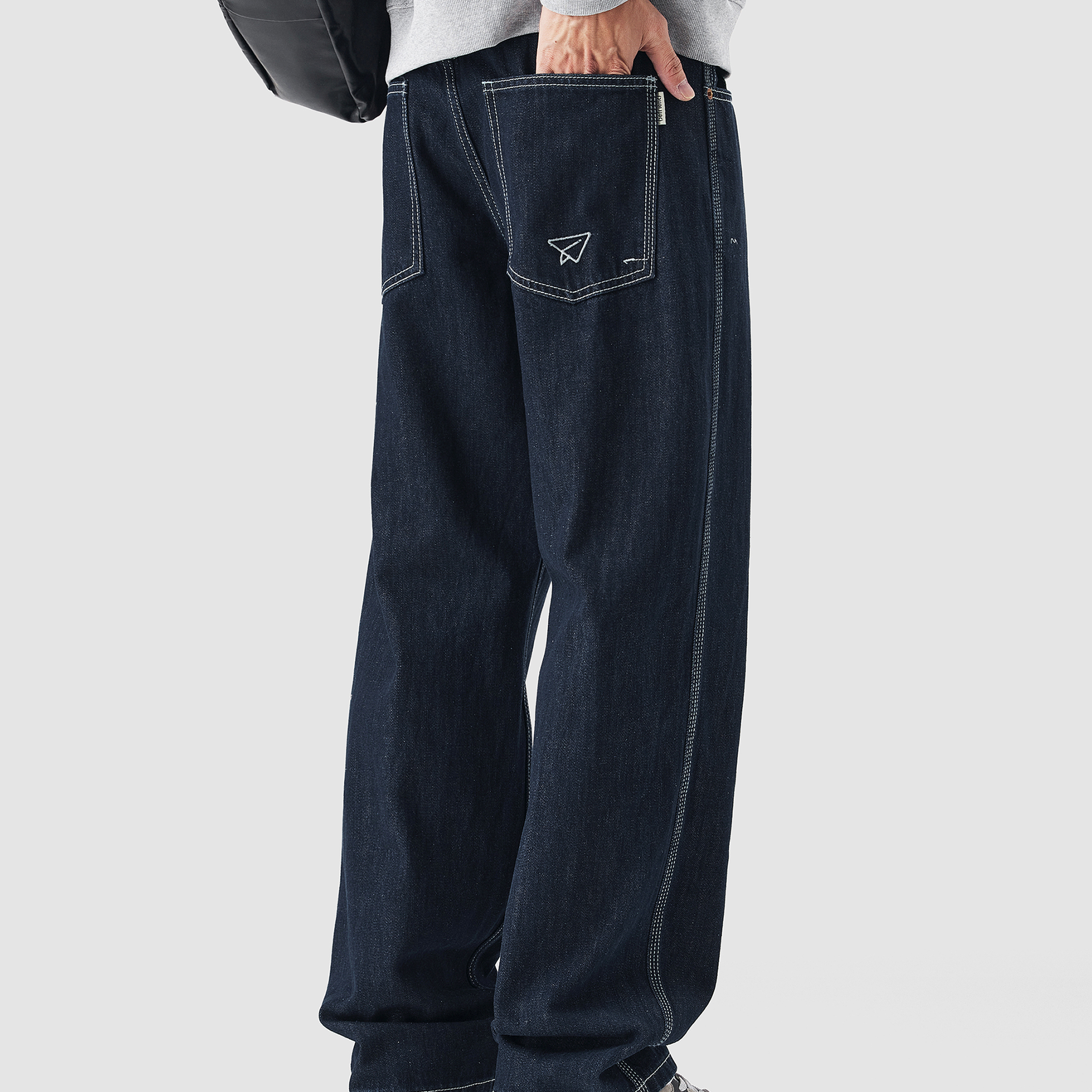 春秋新款原色闊腿牛仔褲男直筒寬鬆賽絡紡水洗復古休閒褲