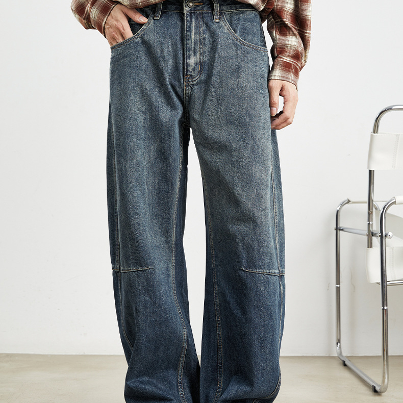 美式復古闊腿牛仔褲男春秋季寬鬆垂感老爹褲水洗大碼褲子